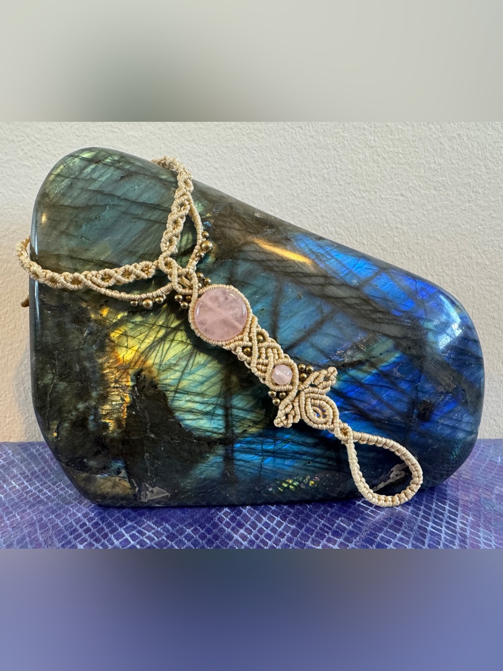 Macrame Hand Bracelet, Hand Flower, Haarh Phool in Tan, Gold, and Rose Quartz